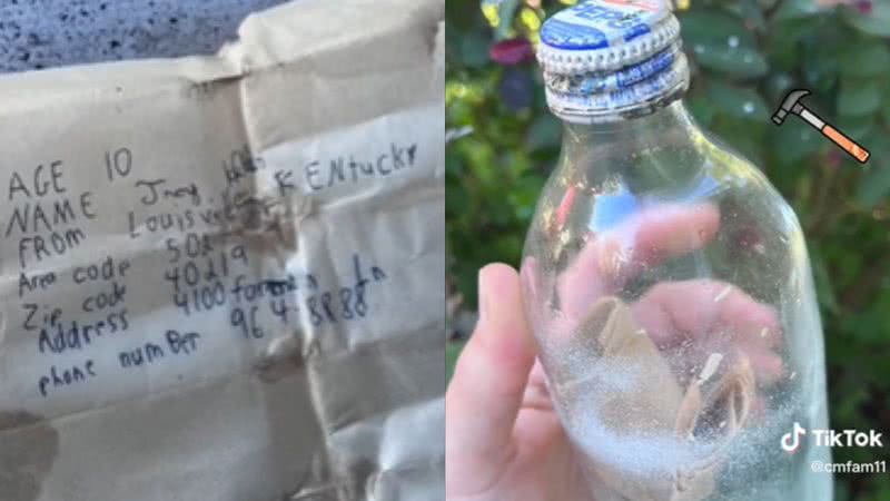 Imagens da carta e da garrafa em que estava inserida, em vídeo no TikTok - Reprodução/Vídeo/TikTok