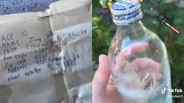 Imagens da carta e da garrafa em que estava inserida, em vídeo no TikTok - Reprodução/Vídeo/TikTok