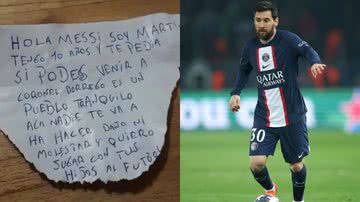 Carta escrita pela criança (esq.) e jogador argentino Lionel Messi (dir.) - Reprodução/Redes sociais/Getty Images