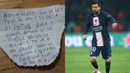 Carta escrita pela criança (esq.) e jogador argentino Lionel Messi (dir.) - Reprodução/Redes sociais/Getty Images