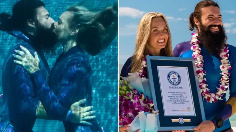 Casal que quebrou o recorde de beijo mais longo embaixo d'água - Reprodução/Guinness World Records