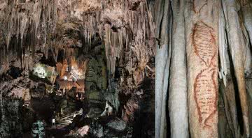 Imagem da caverna de Nerja e de uma das pinturas feitas nas paredes - Divulgação