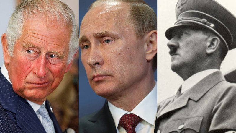 Príncipe Charles (à esqu.), Putin (centro) e Hitler (à dir.)