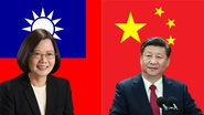 Montagem mostrando líder de Taiwan, Tsai Ing-wen (à esq) e líder da China, Xi Jinping (à dir.) à frente de suas respectivas bandeiras - Divulgação/ Domínio Público e Getty Images
