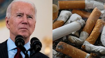 Fotografia de Joe Biden ao lado de uma imagem ilustrativa de cigarros - Getty Images / Divulgação/Pixabay