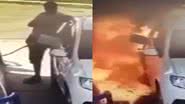 Motorista russo em posto de gasolina e depois pegando fogo - Divulgação/Youtube/The Sun
