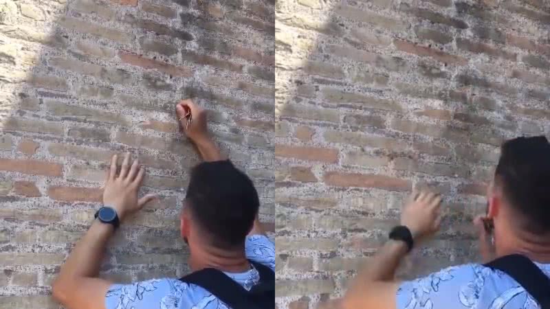Momento em que o homem risca a parede do Coliseu - Reprodução/Redes Sociais