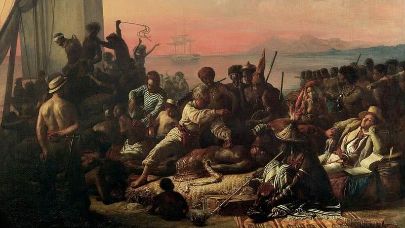 Pintura de 1840 por Auguste François Biard representando o comércio atlântico de escravizados raptados na África - Domínio Público