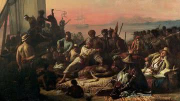 Pintura de 1840 por Auguste François Biard representando o comércio atlântico de escravizados raptados na África - Domínio Público