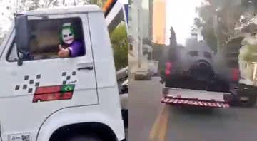 Coringa guinchando o carro do Batman - Divulgação/Twitter/@alexandreeeelf e @Domains_OF_Mind