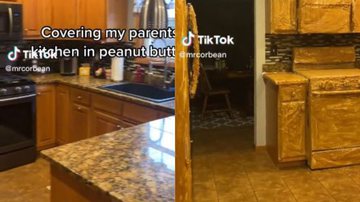 Á esquerda imagem da cozinha limpa e à direita coberta de pasta de amendoim - Reprodução / Vídeo
