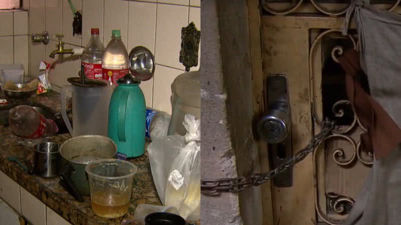 Cozinha suja do apartamento em que as crianças foram encontradas (esq.) e porta com corrente e cadeado (dir.) - Reprodução/Vídeo