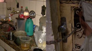 Cozinha suja do apartamento em que as crianças foram encontradas (esq.) e porta com corrente e cadeado (dir.) - Reprodução/Vídeo