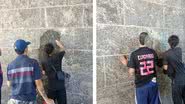 Jovens que picharam muro fazendo a limpeza - Divulgação/Segurança Presente