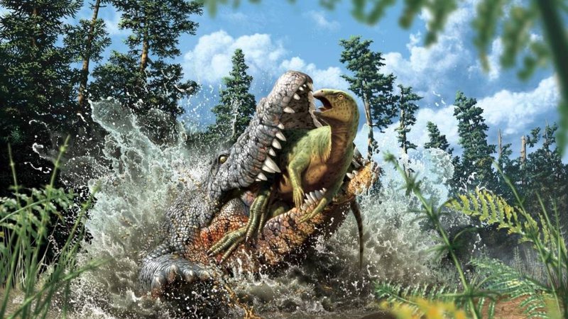 Ilustração do crocodilo Confractosuchus Sauroktono, do período Cretáceo - Divulgação / Julius Csotonyi/ Museum of Natural History