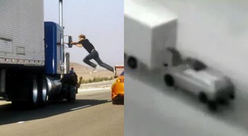 Uma cena de Velozes e Furiosos com uma transição de veículo em movimento (esq.) e uma imagem de um caso real (dir.) - Divulgação / Navcis