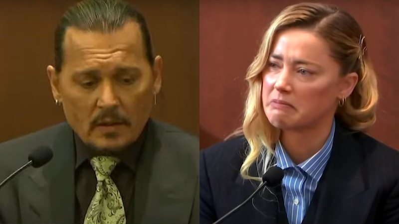 Montagem mostrando Amber Heard (à esq) e Johnny Deppp (à dir) durante seus respectivos testemunhos - Divulgação/ Youtube/ Law&Crime Network