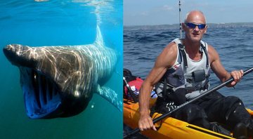 Montagem com foto de espécie de tubarão à esquerda, e atleta sexagenário à direita - Divulgação / Wikimmedia Commons/ Kayak Fishing UK