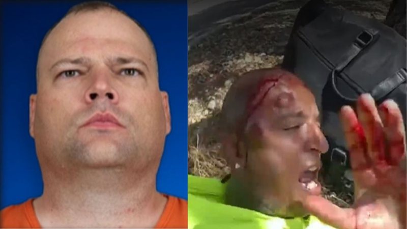 Montagem unindo fotografia de oficial acusado e imagens de sua agressão - Divulgação / Polícia de Aurora, no Colorado