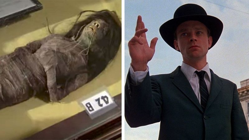 Sangue Selvagem: O 'corpo' com pele humana (à esquerda) e o ator Brad Dourif em cena (à direita) - Divulgação / vídeo / Youtube / drdaryn