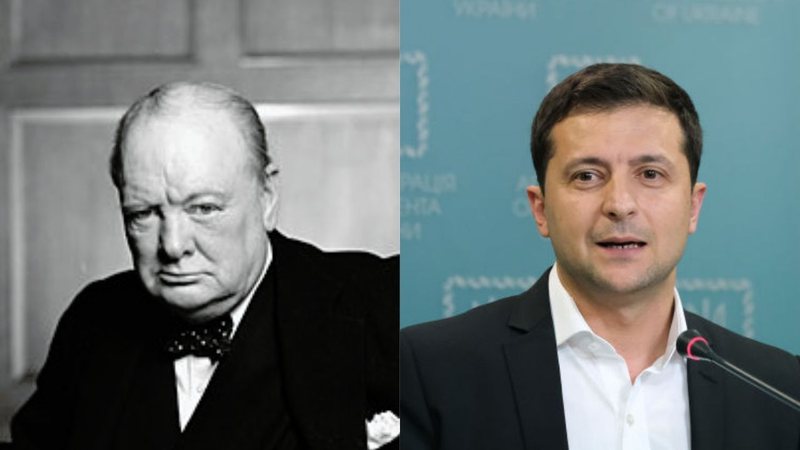 Winston Churchill (à esquerda) e Volodymyr Zelensky (à direita)