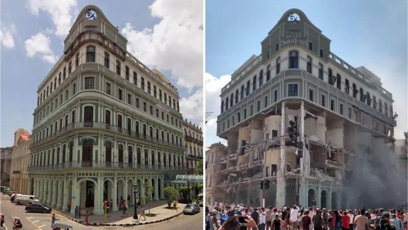 Hotel Saragota antes e depois da explosão - Divulgação / Twitter / @soyleo27n