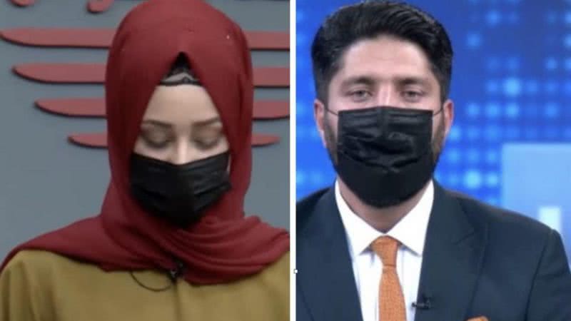 Jornalistas da emissora ToloNews com os rostos cobertos - Divulgação / Twitter / ToloNews