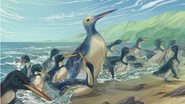 Ilustração da espécie gigante Kumimanu fordycei junto a pinguins Petradyptes stonehousei - Divulgação / Bruce Museum