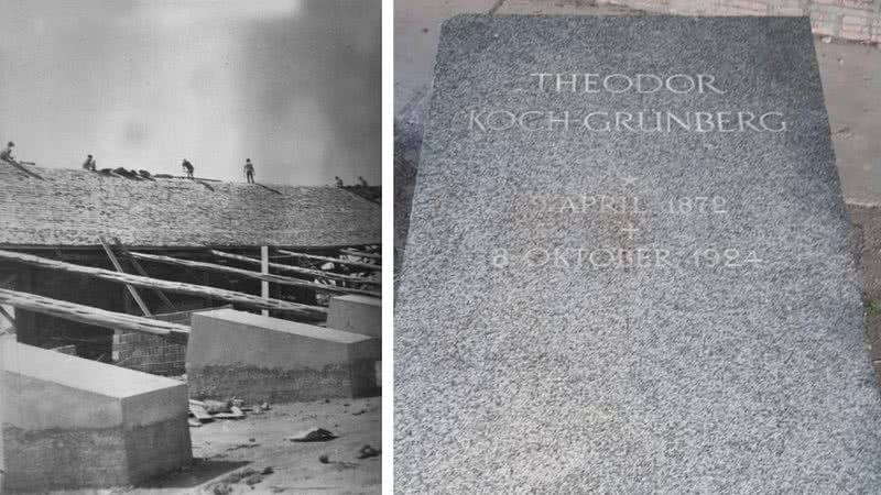 À esquerda, foto da construção do museu; à direita, lápide em homenagem a pesquisador - Divulgação / Iphan