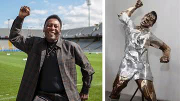 Pelé, o Rei do Futebol e a estátua em sua homenagem - Getty Images e Divulgação / Prefeitura de Santos