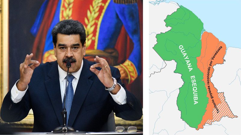 O presidente venezuelano Nicolás Maduro; à direita, um mapa mostra o território em disputa (em verde) - Getty Images e Wikimedia Commons/Milenioscuro