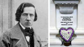 O compositor Chopin; à direita, o local onde se encontra a urna com seu coração - Wikimedia Commons/Louis-Auguste Bisson e Andreas Fessler