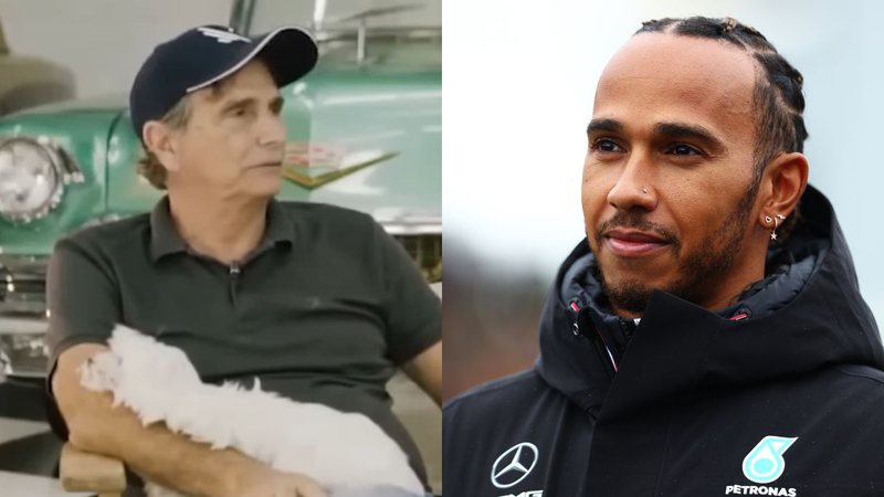 Registro da entrevista de Piquet e foto de Hamilton durante temporada da Fórmula 1 - Divulgação/ Youtube/ Grande Prêmio e Getty Images