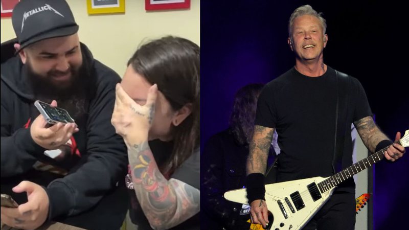 Pais de criança nascida durante show do Metallica no Brasil e o vocalista James Hetfield - Getty Images e Reprodução/ Youtube - Canal TV Bem Paraná