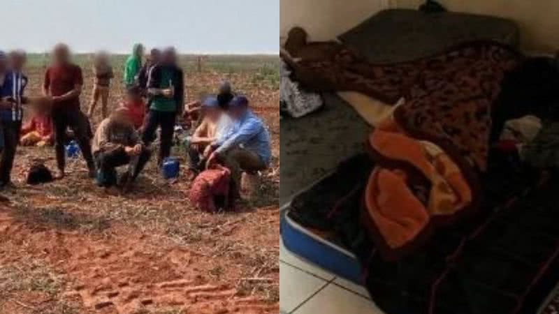 Á esquerda imagem dos paraguaios resgatados e à direita imagem de local onde moravam - Reprodução/Polícia Federal