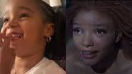 Á esquerda imagem de garota reagindo ao trailer e à esquerda imagem da personagem Ariel no trailer - Reprodução/Vídeo/Walt Disney Studios BR