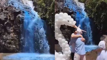 Á esquerda cachoeira azul é à esquerda pais se abraçando no chá revelação - reprodução/Vídeo/Twitter