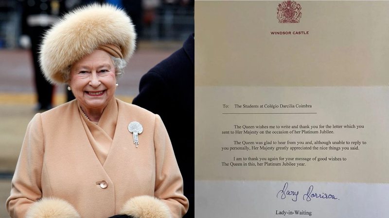 A rainha Elizabeth II e carta enviada aos alunos em nome da monarca - Getty Images / Divulgação/Arquivo pessoal