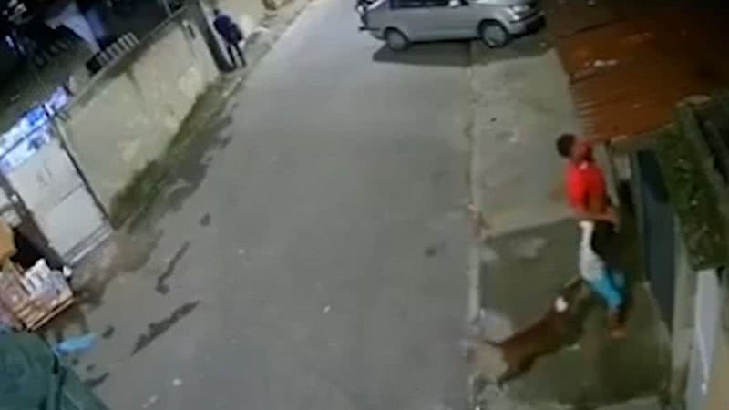 Registro da câmera de segurança do pitbull atacando menino de 9 anos - Divulgação/Twitter/O Globo