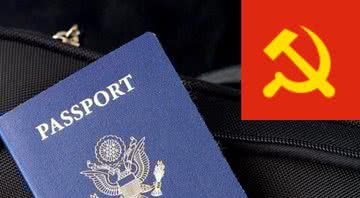 Imagem ilustrativa de passaporte ao lado de símbolo do Partido Comunista Chinês - Divulgação/Pixabay/Wikimedia Commons