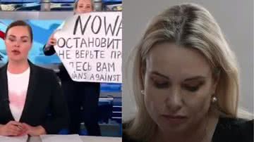 Imagem de jornalista protestando com cartaz à esquerda e Imagem de Dmitri Zakhvatov - Reprodução/Vídeo/UOL  e  Reprodução/Vídeo/euronews