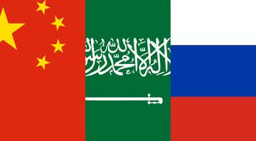 Bandeiras da China. Arábia Saudita e Rússia, respectivamente - Montagem / Aventuras na História / Wikimedia Commons