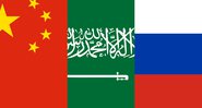Bandeiras da China. Arábia Saudita e Rússia, respectivamente - Montagem / Aventuras na História / Wikimedia Commons