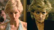 Montagem mostrando Elizabeth Debicki em The Crown, e Diana em entrevista - Divulgação/Netflix e Divulgação/Vídeo/ BBC
