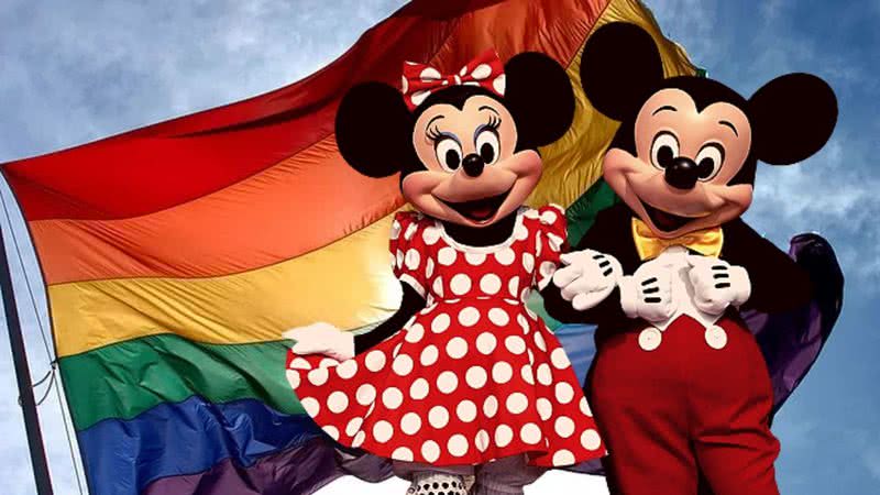 Mickey e Minnie com uma bandeira LGBTQIA+ ao fundo
