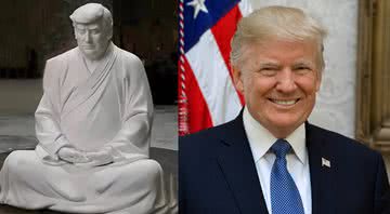 Imagem da estátua de Donald Trump ao lado de fotografia do ex-presidente - Divulgação/Wikimedia Commons