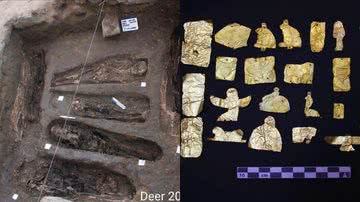 Os sepultamentos encontrados (à esqu.) e alguns dos itens revelados (à dir.) - Reprodução/Facebook/Ministry of Tourism and Antiquities