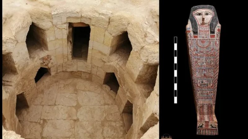 Tumba de Gerza, no Egito, e artefato com retrato de múmia encontrado pelos arqueólogos - Divulgação/Ministério do Turismo e Antiguidades do Egito