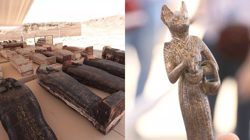Sarcófagos e uma das estátuas encontradas no Egito - Divulgação/Ministério de Turismo e Antiguidades do Egito