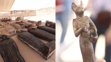 Sarcófagos e uma das estátuas encontradas no Egito - Divulgação/Ministério de Turismo e Antiguidades do Egito